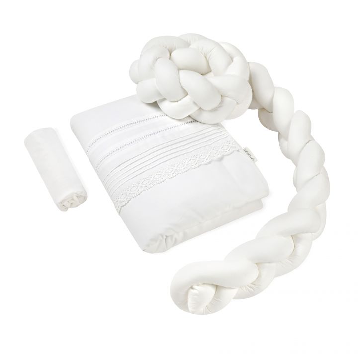 סט עריסה עם כרית נחשוש קלועה תחרה לבנה