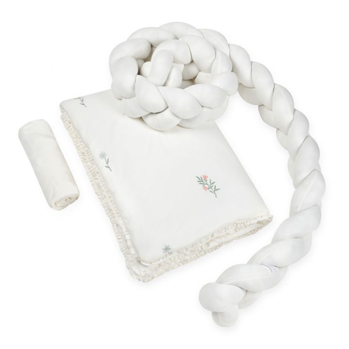 סט מצעים לעריסה עם כרית נחשוש קלועה פרחים רקומים