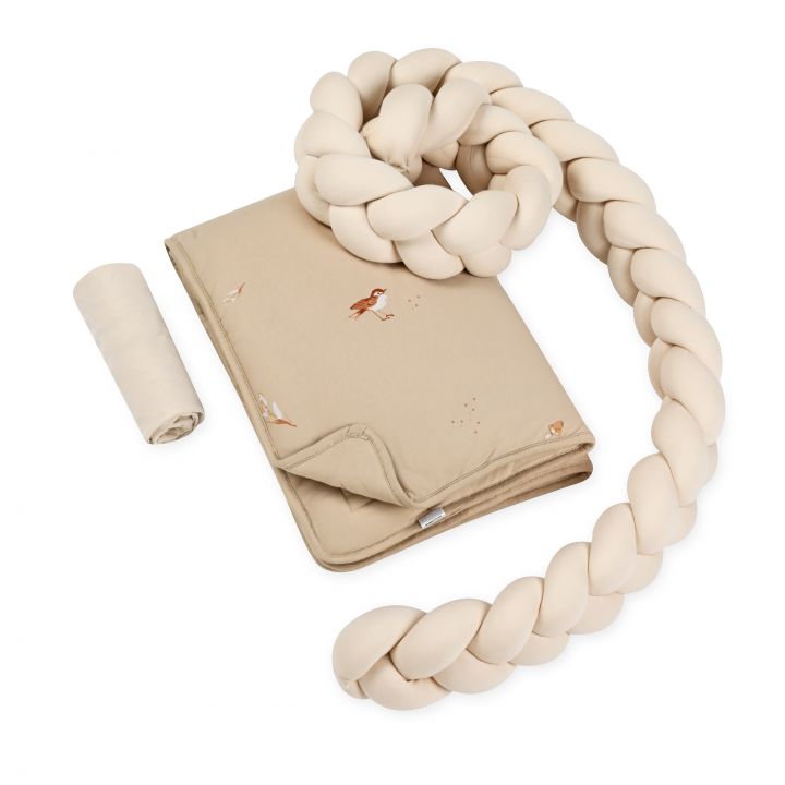 סט מצעים לעריסה עם כרית נחשוש קלועה מודפס ציפור