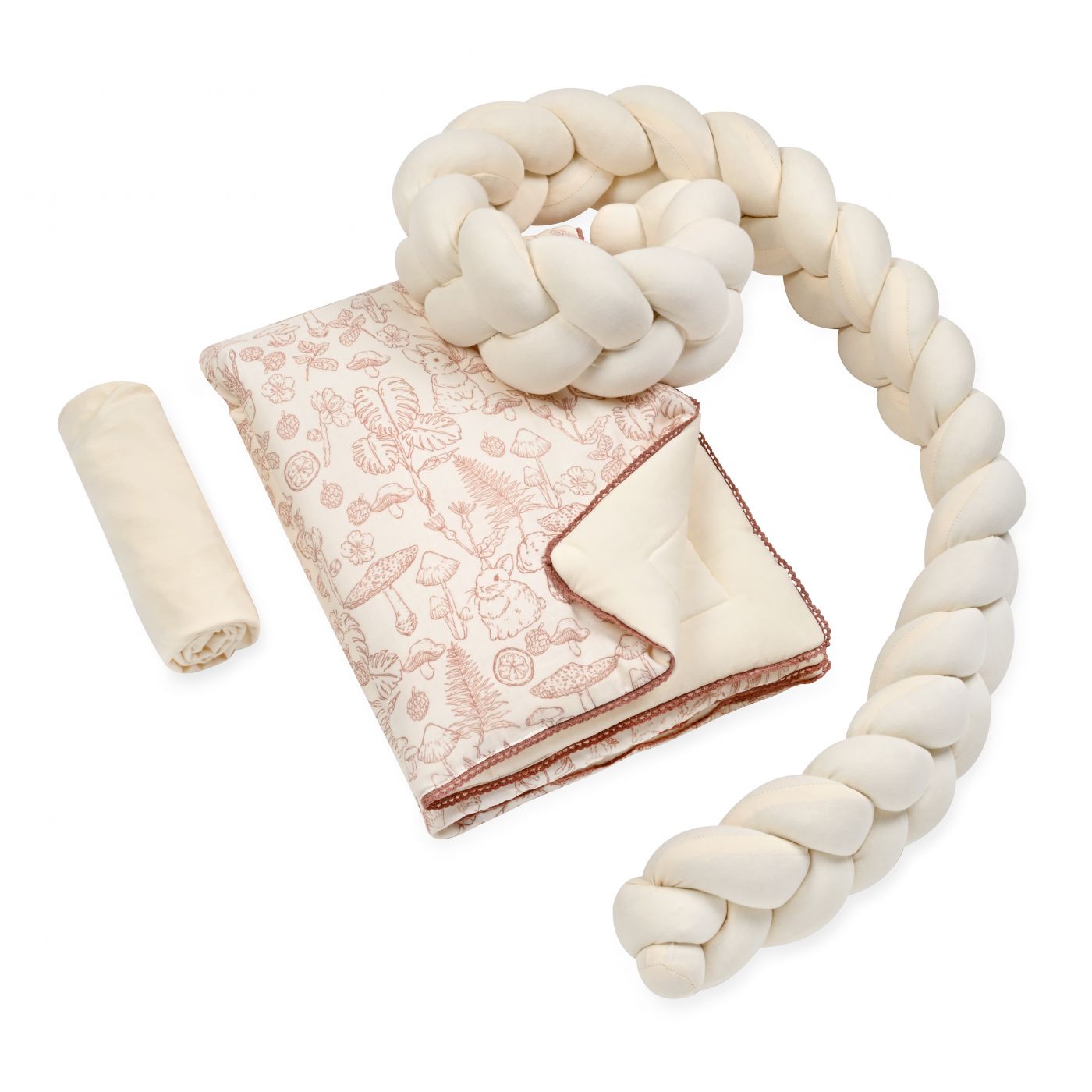 סט מצעים לעריסה עם כרית נחשוש קלועה מאזלין ארנב