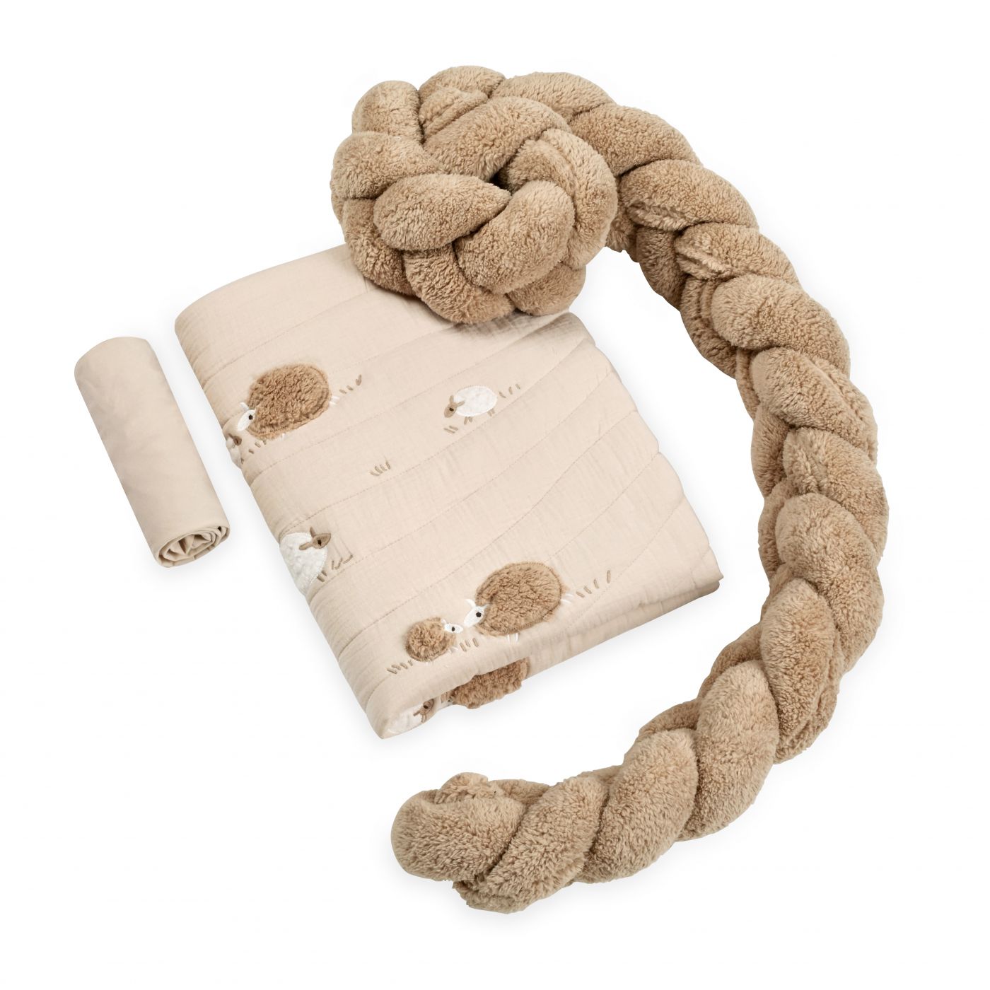 סט מצעים לעריסה עם כרית נחשוש קלועה כבשים בז’