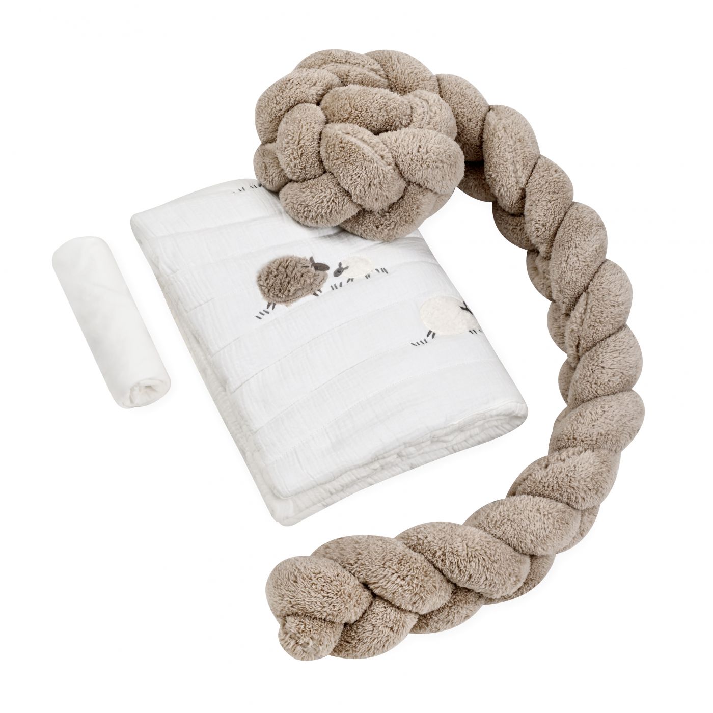 סט עריסה עם כרית נחשוש קלועה כבשים לבן