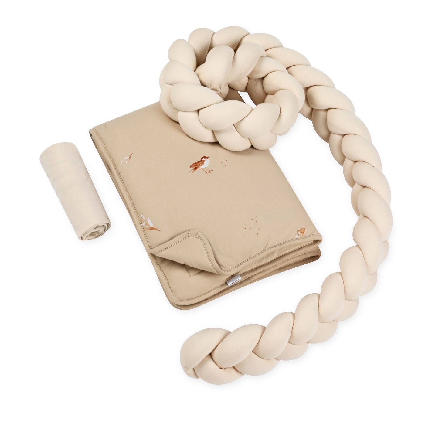 סט מצעים לעריסה עם כרית נחשוש קלועה מודפס ציפור