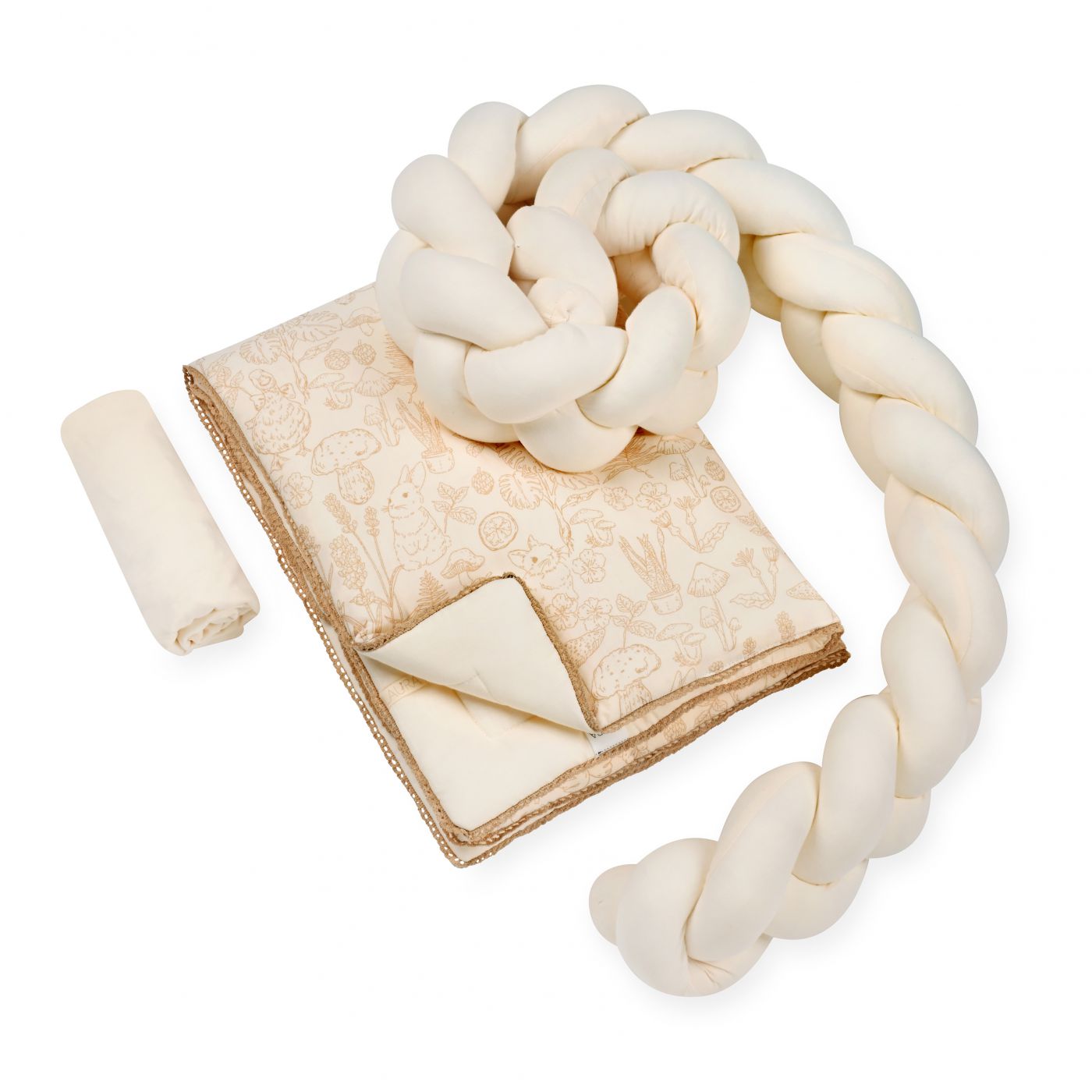 סט מצעים לעריסה עם כרית נחשוש קלועה מאזלין ארנב בז’